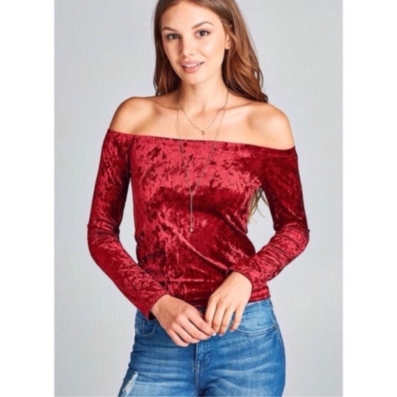 Tops - Red Crushed Velvet Off Shoulder Top Tops - Red Crushed Velvet Off Shoulder Top